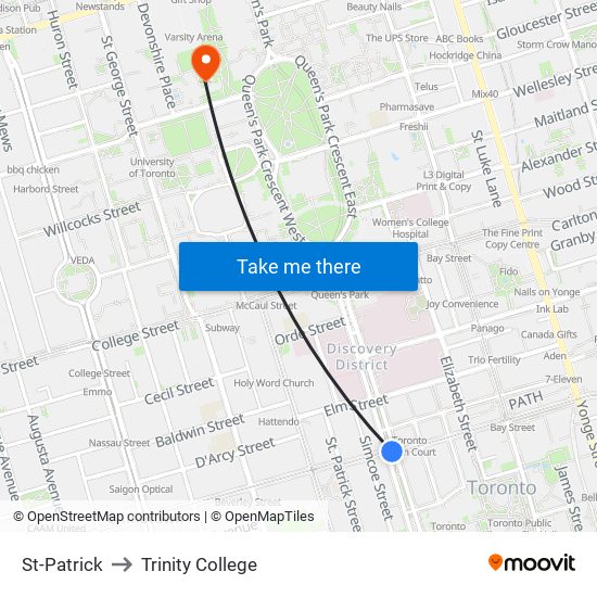 St-Patrick to Trinity College map