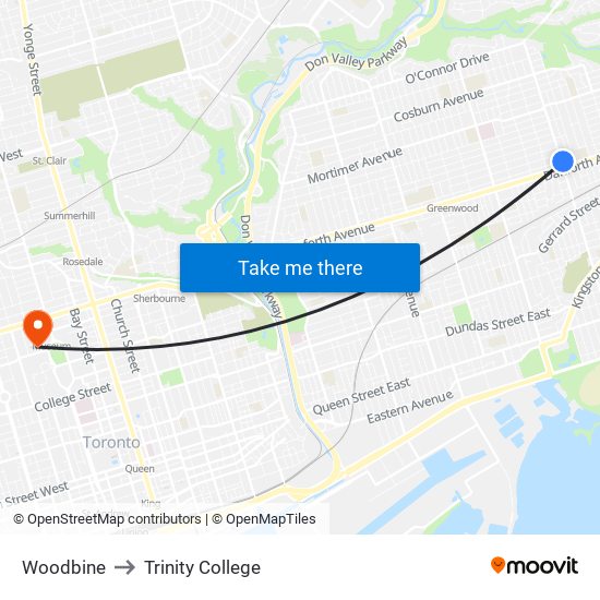 Woodbine to Trinity College map