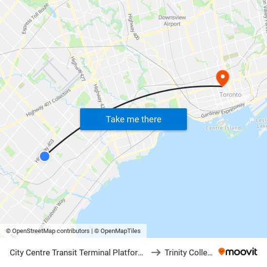 City Centre Transit Terminal Platform K to Trinity College map