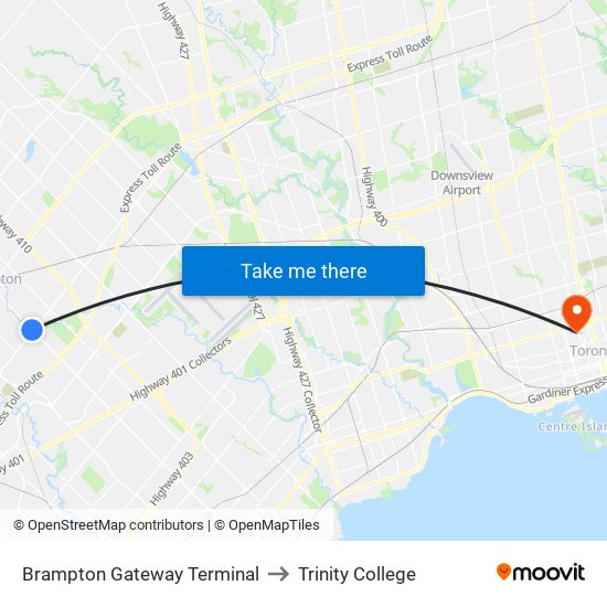 Brampton Gateway Terminal to Trinity College map