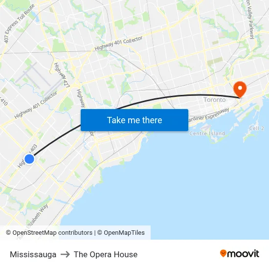 Mississauga to The Opera House map