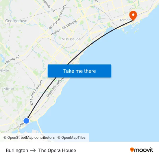 Burlington to The Opera House map