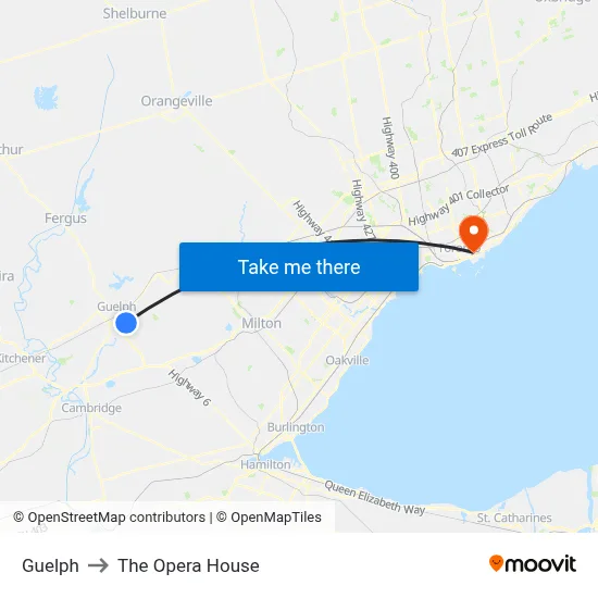 Guelph to The Opera House map