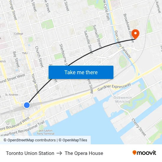 Toronto Union Station to The Opera House map
