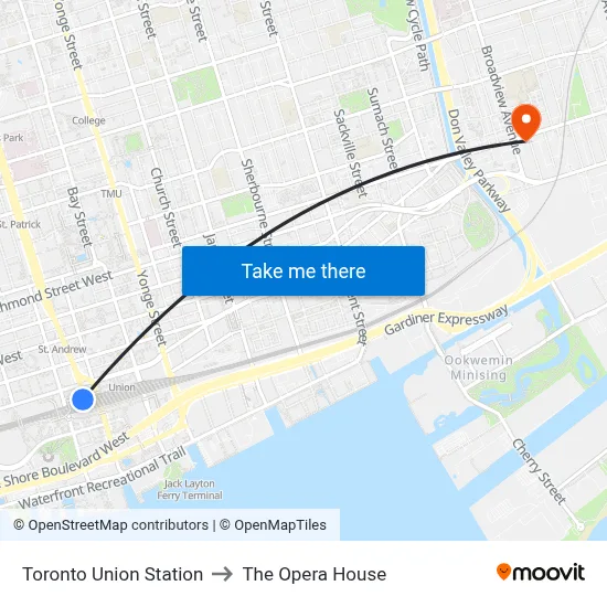 Toronto Union Station to The Opera House map