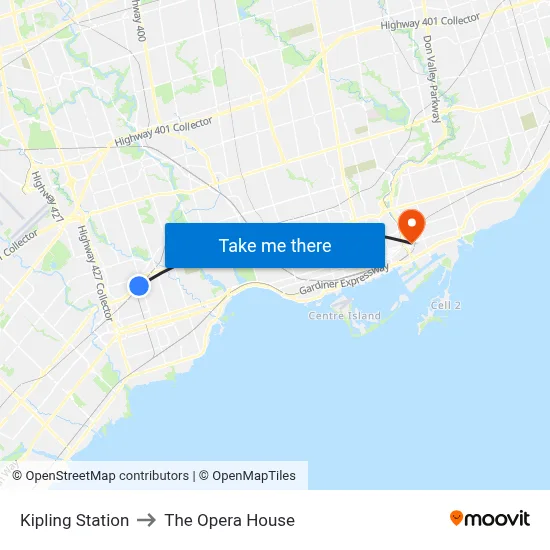 Kipling Station to The Opera House map