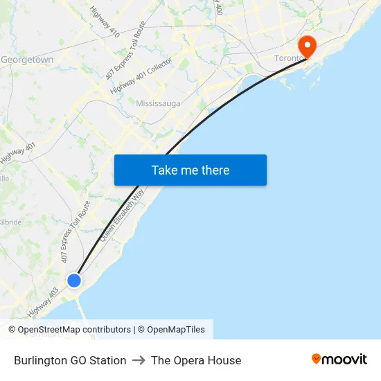 Burlington GO Station to The Opera House map