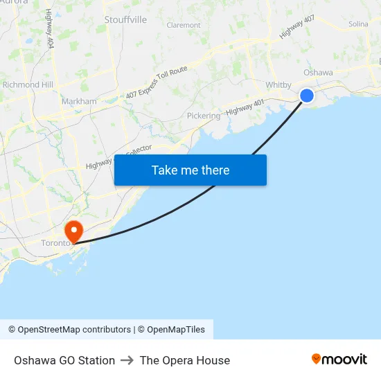 Oshawa GO Station to The Opera House map