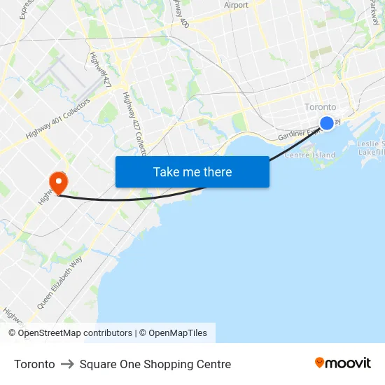 Toronto to Square One Shopping Centre map