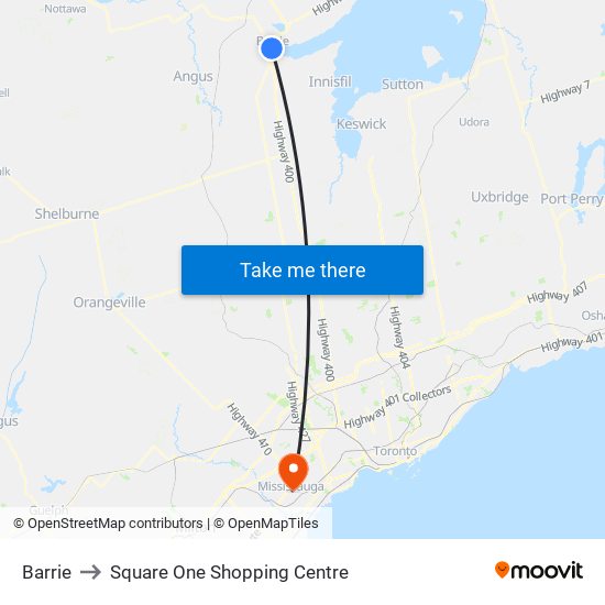 Barrie to Square One Shopping Centre map
