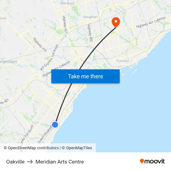Oakville to Meridian Arts Centre map
