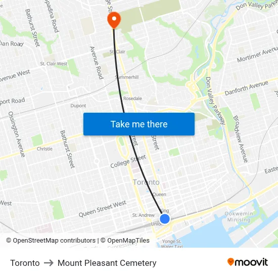 Toronto to Mount Pleasant Cemetery map