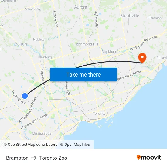 Brampton to Toronto Zoo map