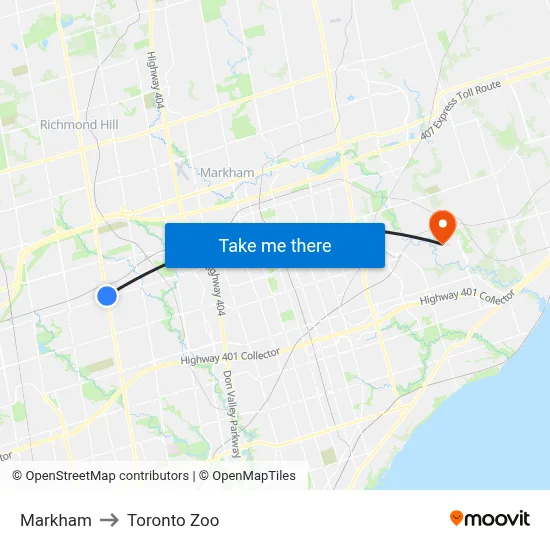 Markham to Toronto Zoo map