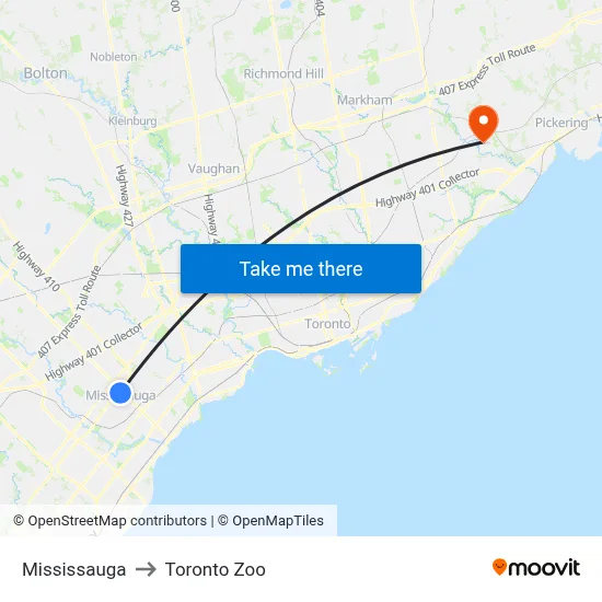 Mississauga to Toronto Zoo map