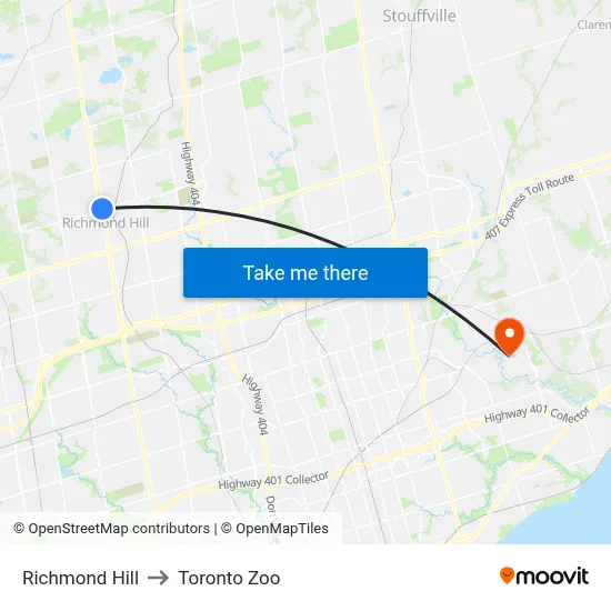 Richmond Hill to Toronto Zoo map