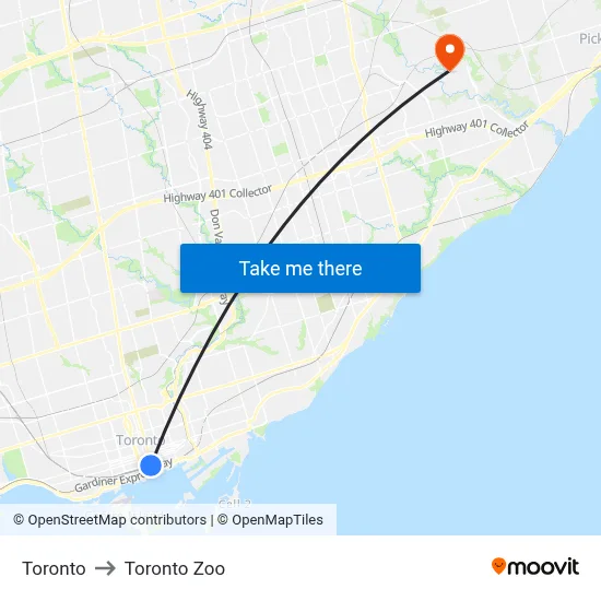 Toronto to Toronto Zoo map