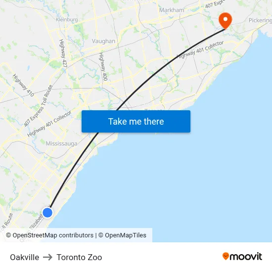 Oakville to Toronto Zoo map