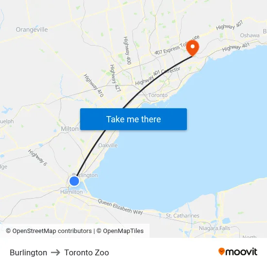 Burlington to Toronto Zoo map