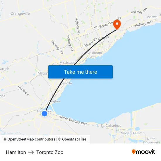 Hamilton to Toronto Zoo map