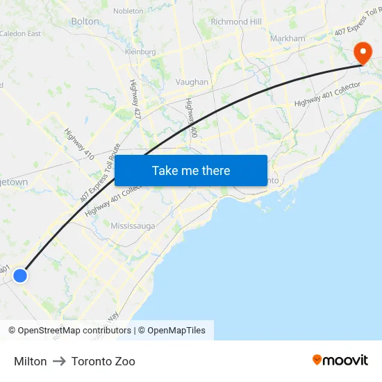Milton to Toronto Zoo map