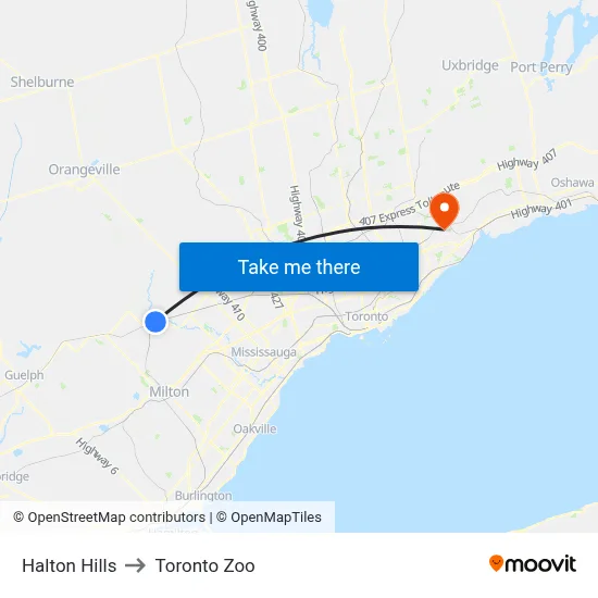 Halton Hills to Toronto Zoo map