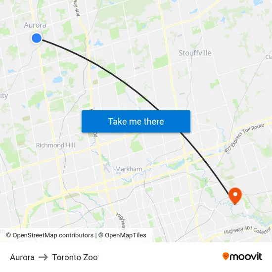 Aurora to Toronto Zoo map