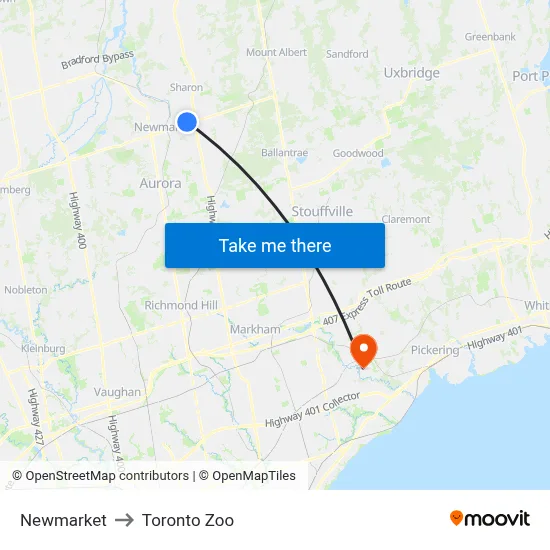 Newmarket to Toronto Zoo map