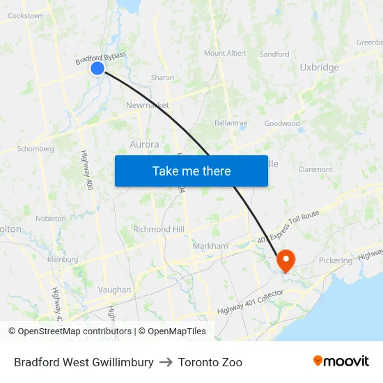 Bradford West Gwillimbury to Toronto Zoo map