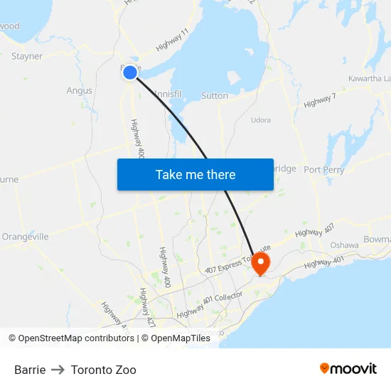 Barrie to Toronto Zoo map