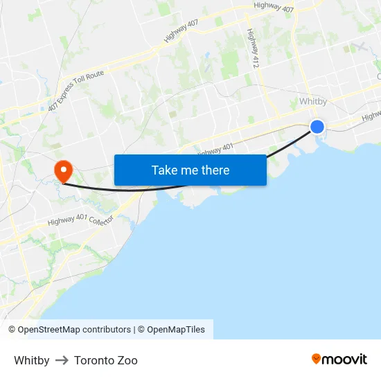 Whitby to Toronto Zoo map