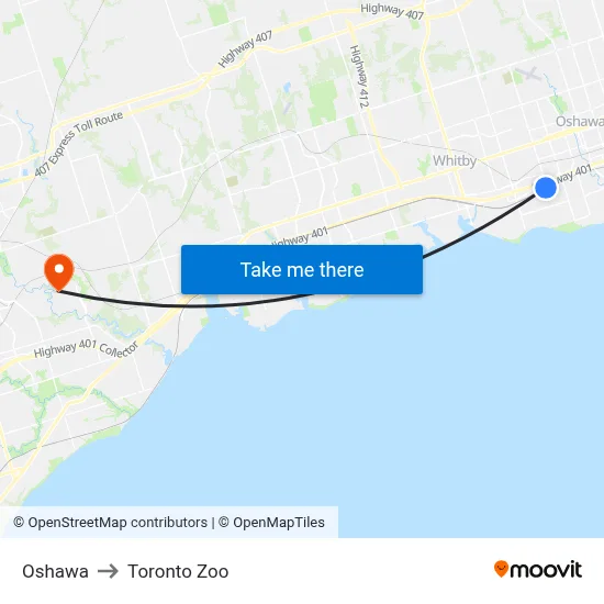 Oshawa to Toronto Zoo map