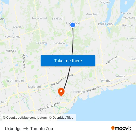Uxbridge to Toronto Zoo map