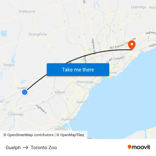 Guelph to Toronto Zoo map
