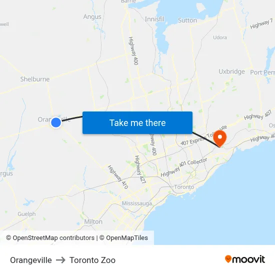 Orangeville to Toronto Zoo map