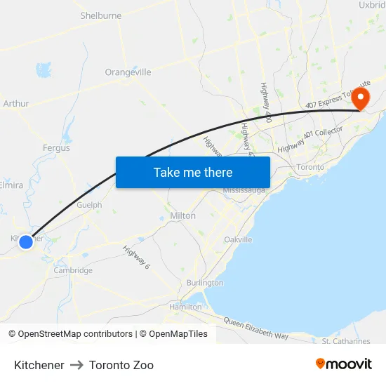 Kitchener to Toronto Zoo map