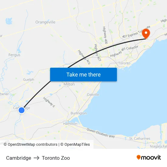 Cambridge to Toronto Zoo map