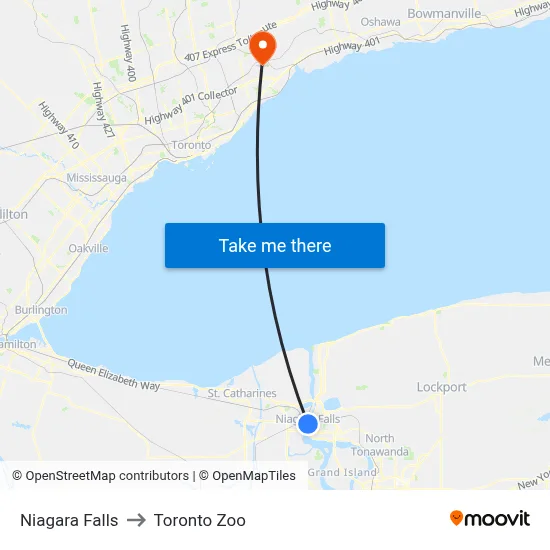 Niagara Falls to Toronto Zoo map