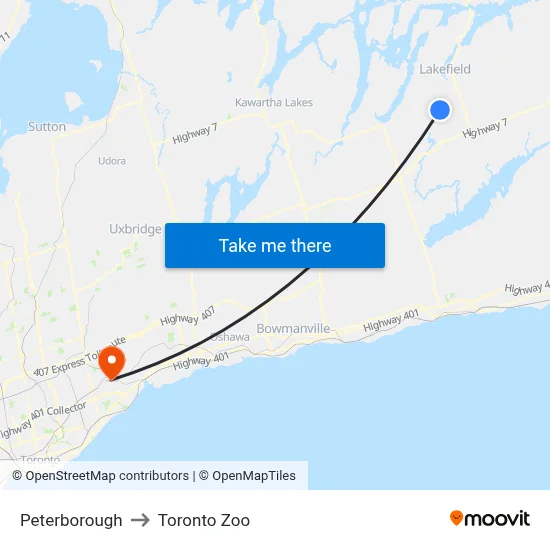 Peterborough to Toronto Zoo map