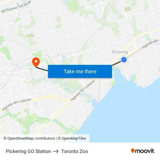 Pickering GO Station to Toronto Zoo map