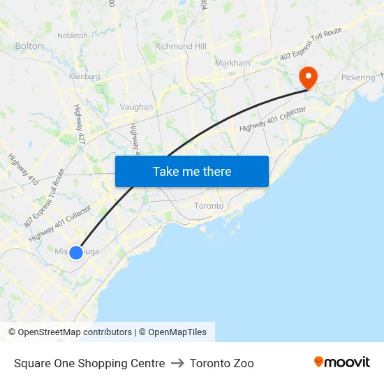 Square One Shopping Centre to Toronto Zoo map