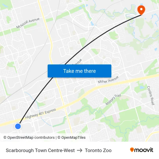 Scarborough Town Centre-West to Toronto Zoo map