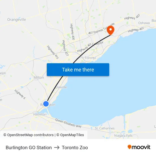 Burlington GO Station to Toronto Zoo map