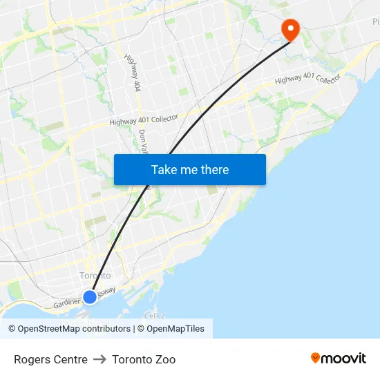 Rogers Centre to Toronto Zoo map