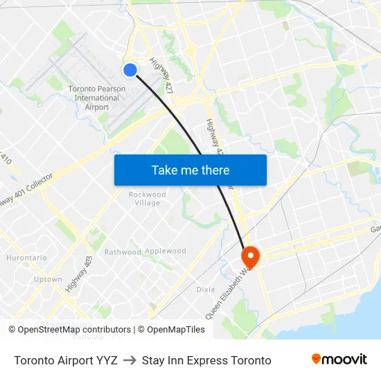 Toronto Airport YYZ to Stay Inn Express Toronto map