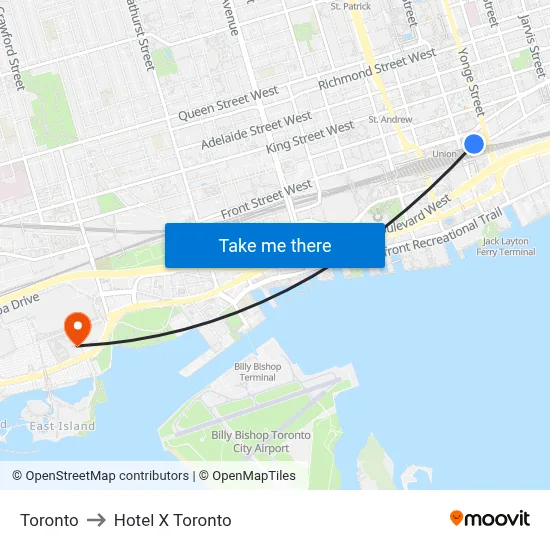 Toronto to Hotel X Toronto map