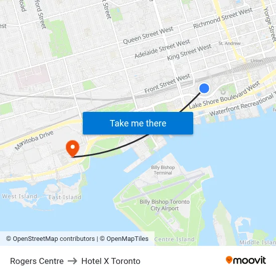 Rogers Centre to Hotel X Toronto map