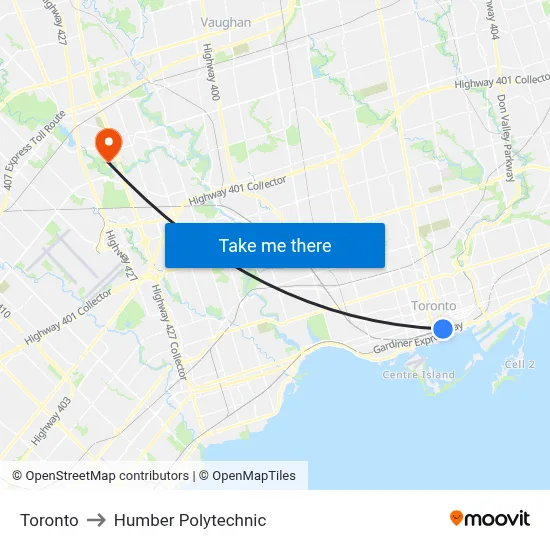 Toronto to Humber Polytechnic map