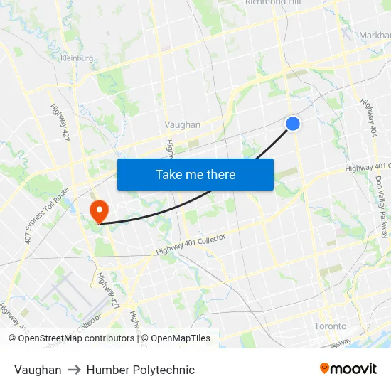 Vaughan to Humber Polytechnic map