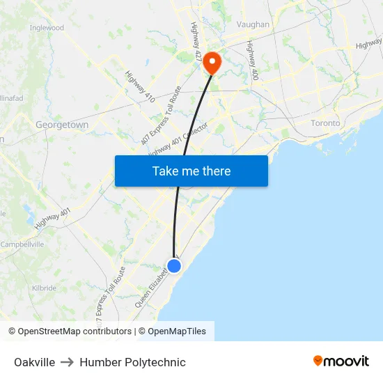 Oakville to Humber Polytechnic map